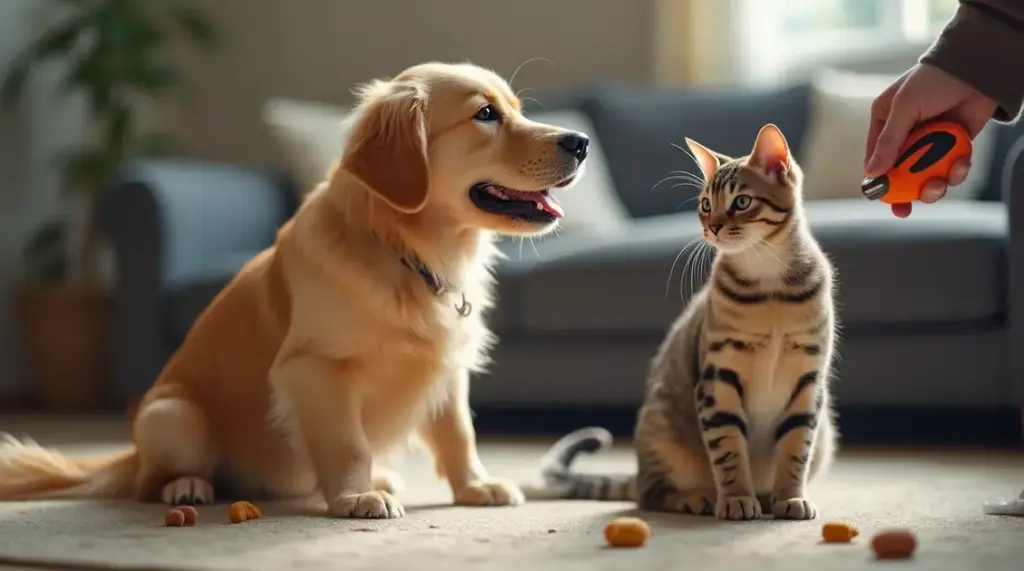 A playful golden retriever and a curious tabby cat watch as a person prepares a toy.