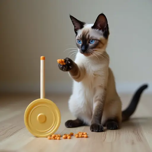 Siamese cat with striking blue eyes holds treats in front of a toy plunger on a wooden floor.