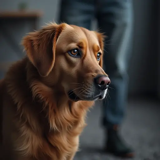 A golden retriever sits calmly beside a person .