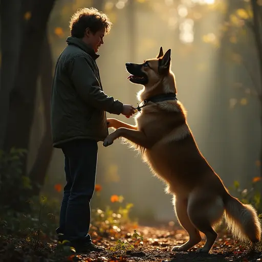 A person stands in a forest, interacting with a friendly dog on a leash.