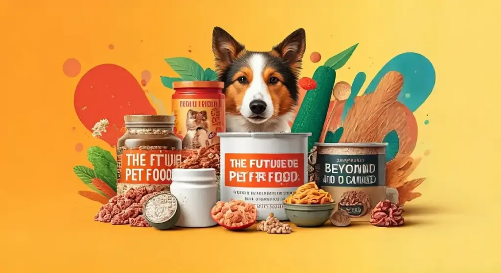 pet food products displayed around a central, attentive corgi on a vibrant yellow background.