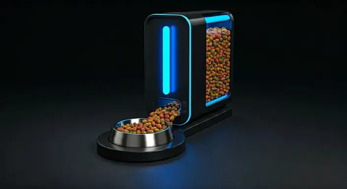  automatic pet feeder with a bowl and a large illuminated food storage container.