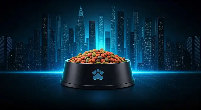 A pet bowl filled with food on a futuristic cityscape background with neon lights.