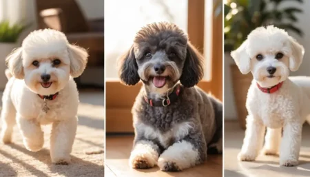 hypoallergenic dog breeds (Poodle, Bichon Frise, and Schnauzer) playing in a sunlit home