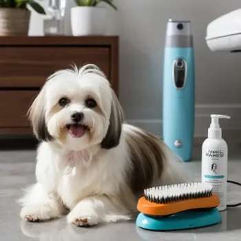 Your Guide to Hypoallergenic Dog Breeds A happy dog with long floppy ears sits beside a grooming brush and pet care products
