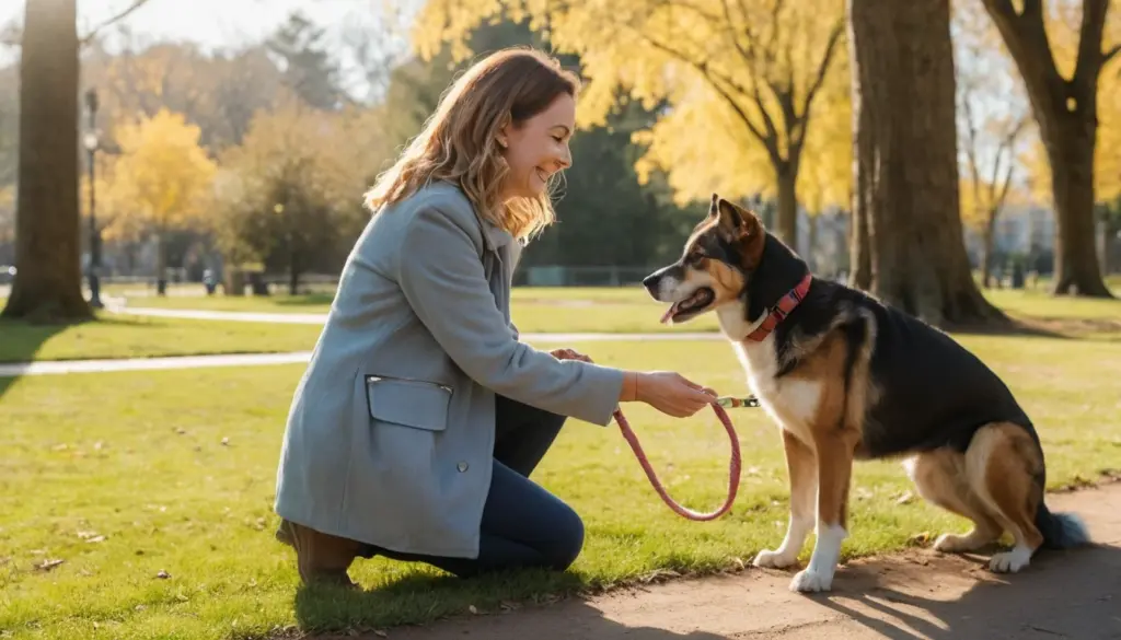 A woman with a friendly dog on a leash.