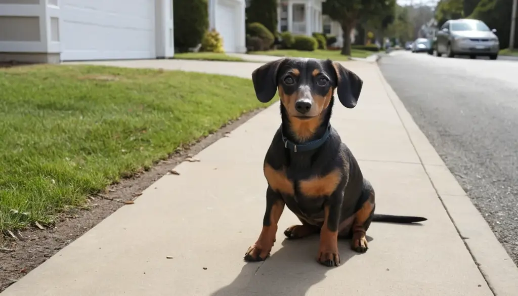 A small, black, and tan dog sits on a sidewalk