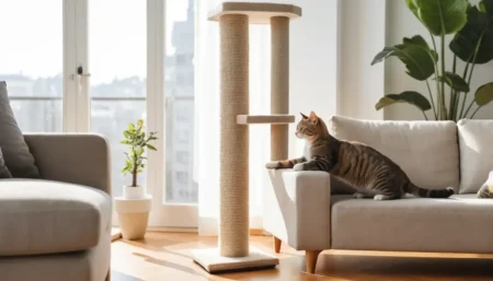 Stop Cat Scratching Furniture. A cat lounges on a beige couch near a scratch post and a small potted plant.
