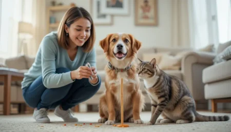 A woman is using clicker training for dogs and cats techniques