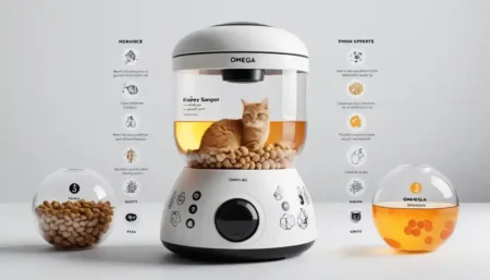 A pet feeder with a clear container, filled with Best Diets for Cats with Kidney Disease.