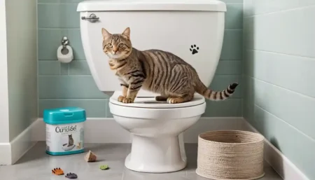 Cat Toilet Training: Pros, Cons, and Tips stands on a toilet seat, surrounded by a litter box container, toys, and a woven basket in a stylish bathroom.
