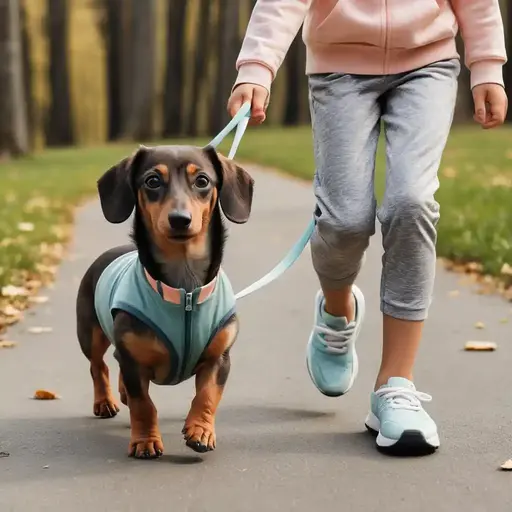 A child walks a small dog in a harness along a tree-lined path, enjoying a sunny day outdoors.