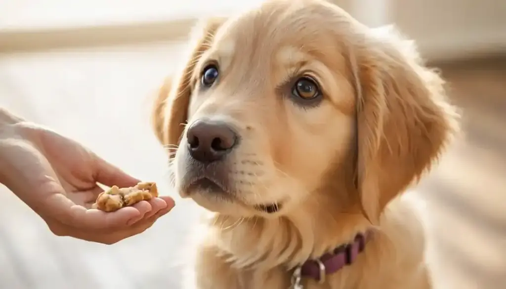 A person offers a piece of food in their hand to a golden retriever, set against a softly lit background.