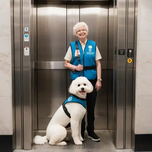 A service dog, wearing a blue vest, sits patiently beside its handler in an elevator. The interior is sleek with metallic walls.