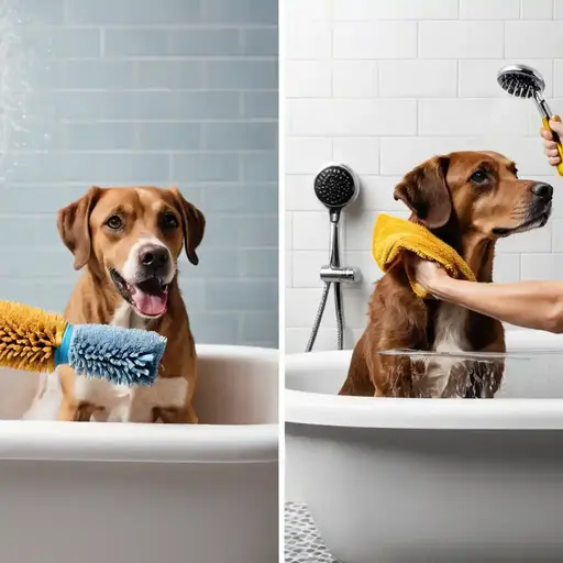 A person bathes a brown dog in a bathtub, using a showerhead and soap with a sponge to clean the pet. Bright, clean bathroom setting.
