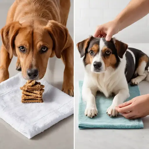 Two dogs on towels; one eagerly waits for treats stacked beside it, while the other enjoys gentle grooming.