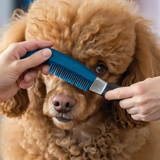 A person grooming a curly-haired dog with a blue comb, focusing on its face and fur.