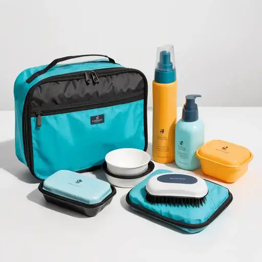 A turquoise travel toiletry bag with grooming products, containers, and a brush, arranged neatly on a light background.
