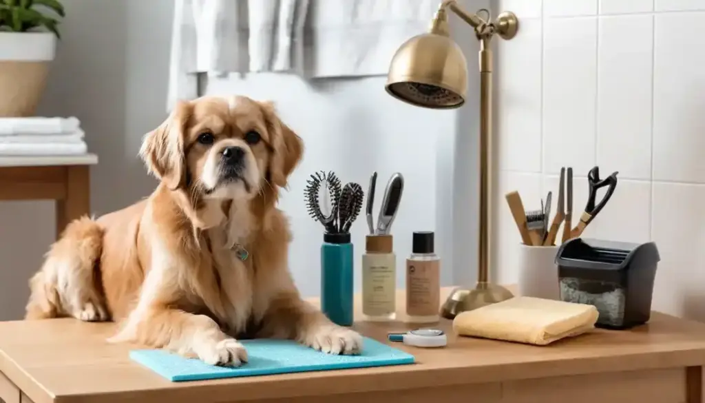 A woman brushing her Golden Retriever on a grooming table with tools like a slicker brush, nail clippers, and de-shedding tool nearby, emphasizing quick DIY dog grooming for busy owners.