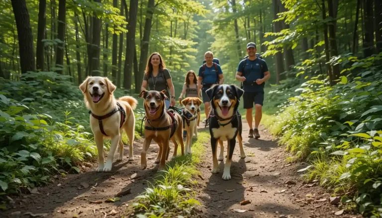 A group of happy dogs walk along a sunny forest trail, accompanied by hikers amidst lush greenery.