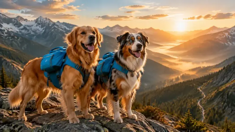 Golden retriever and Australian shepherd with hiking packs on a rocky mountain ridge at sunrise for best dog breeds for hiking and outdoor adventures