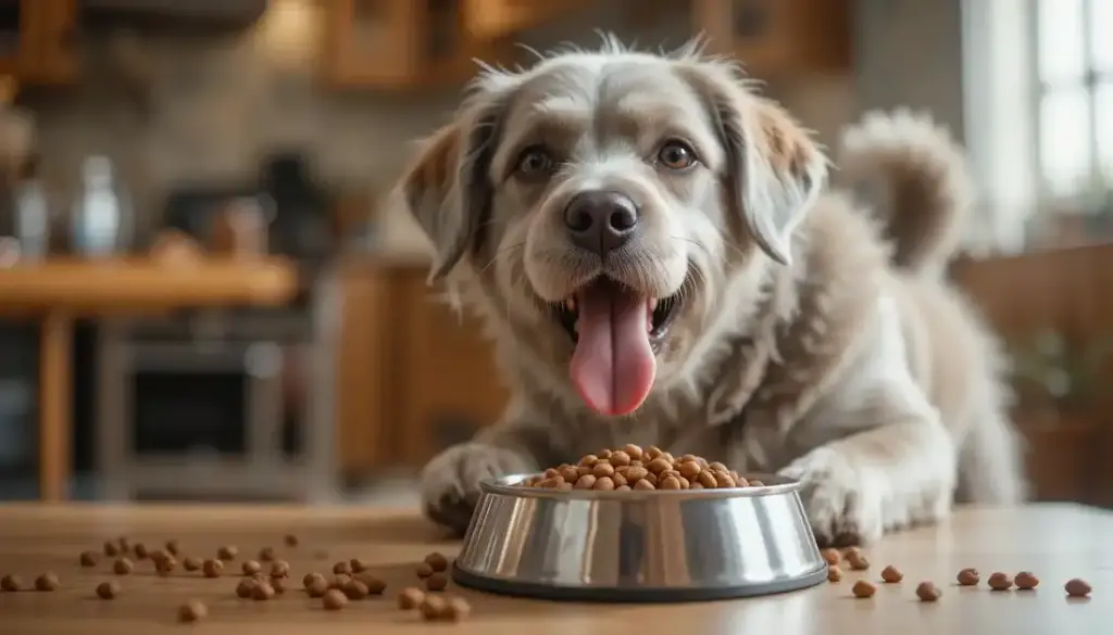 Senior dog enjoying a meal of the best dog food for senior dogs