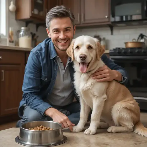 Senior dog and owner bonding over mealtime
