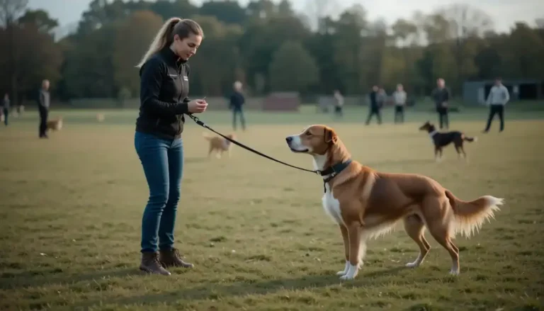 A woman in a black jacket holds a leash, training a tan and white dog in a grassy park.