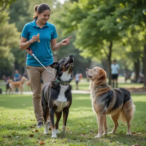 A dog trainer holds treats, engaging with two dogs in a sunny park filled with green grass and trees.