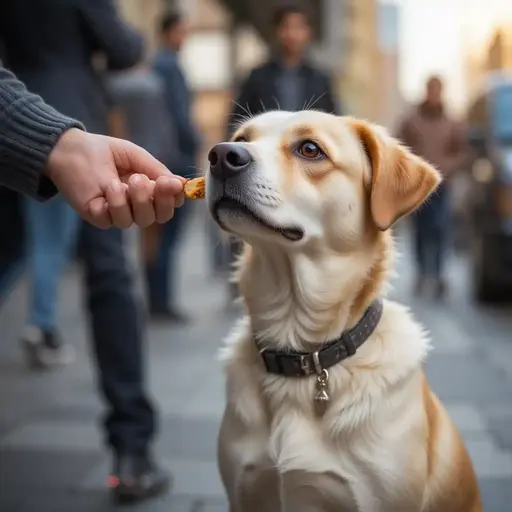 A attentive dog gazes up at a hand offering a treat, set against a bustling urban background with blurred figures.