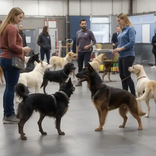 A group of people trains their dogs in a spacious indoor training facility with various breeds, including labs and mixed breeds.