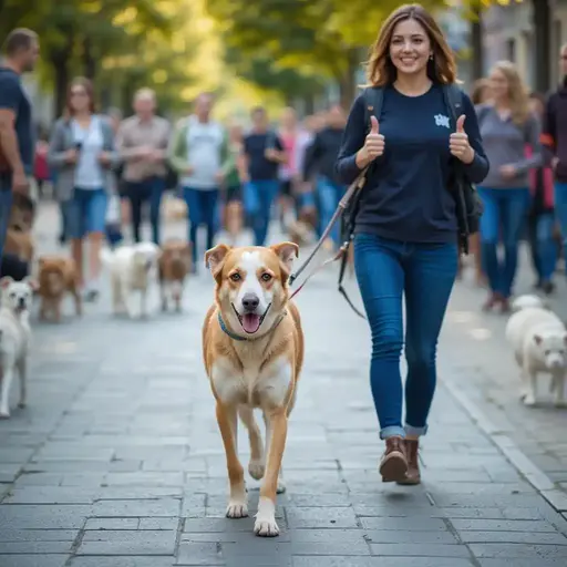 A woman walks a light brown dog down a busy street filled with people and other dogs, surrounded by green trees in the background.