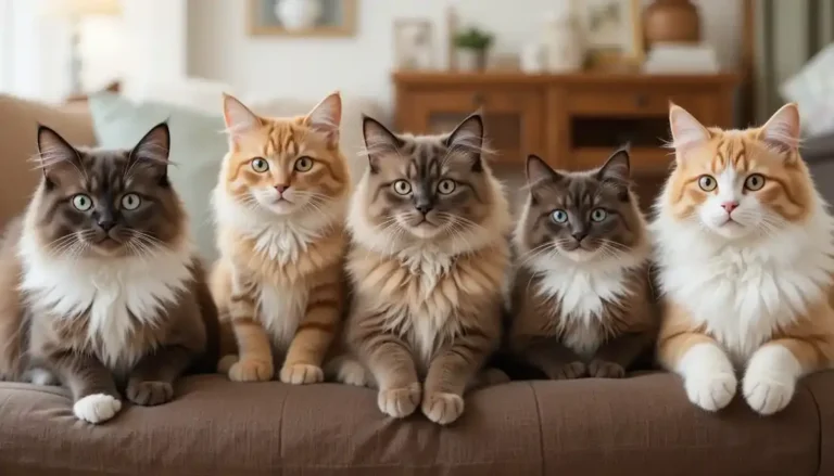 Top 10 cat breeds that don’t scratch furniture, including British Shorthair, Ragdoll, and Maine Coon, relaxing on furniture.