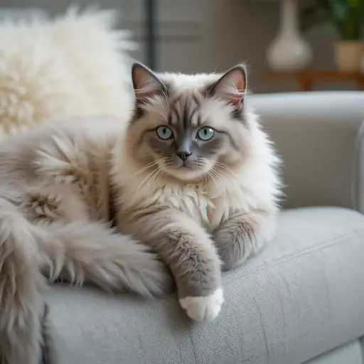 Calm cat breed relaxing on furniture without scratching.
