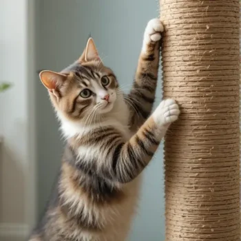 Top 10 Cat Breeds That Don't Scratch Furniture 2 Training a cat with positive reinforcement to use a scratching post instead of furniture.