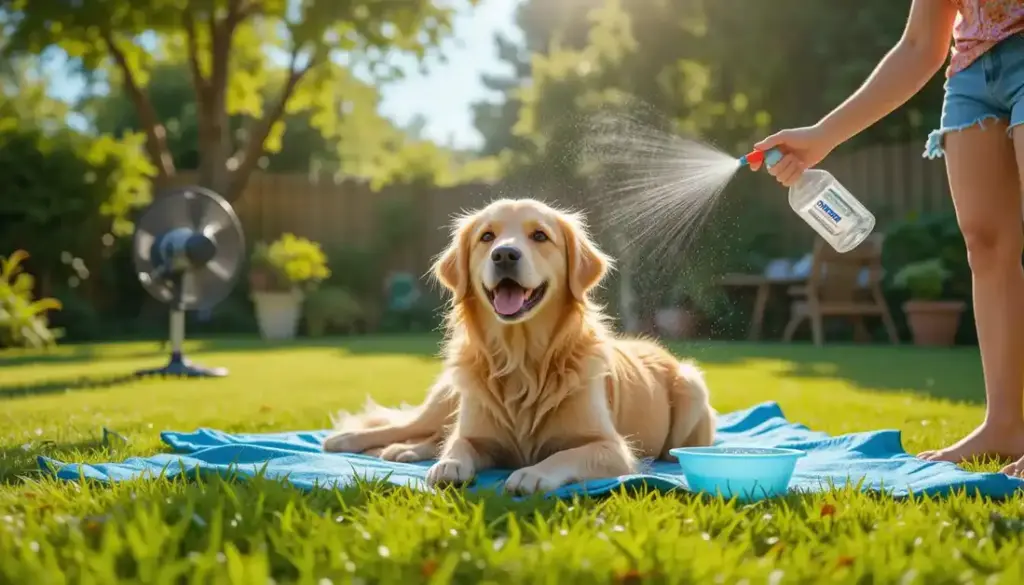 Golden Retriever on a cooling mat in a shaded backyard, with water and a fan, showing how to prevent heatstroke in dogs during summer.