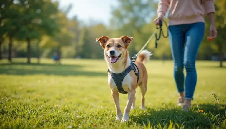 A dog owner walks a calm reactive dog on a leash in a park, using a front-clip harness and positive reinforcement with treats.