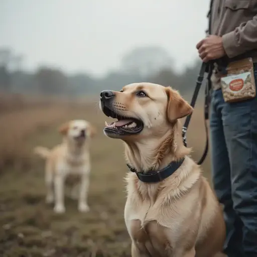 a reactive dog on a leash showing tension near another dog, with the owner prepared for training.
