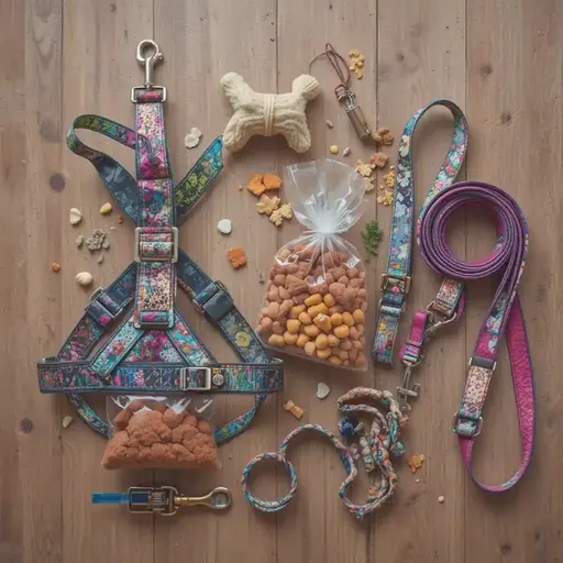 Flat-lay of leash training gear, including a front-clip harness, leash, treat pouch, clicker