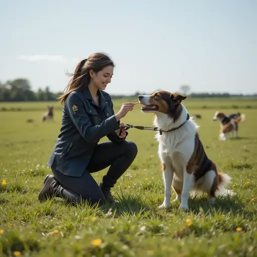 Dog owner training a reactive dog with desensitization in a field