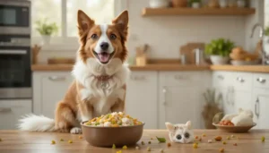 Healthy dog with a bowl of Low-Fat Dog Food Recipes for Pancreatitis management in a cozy kitchen.