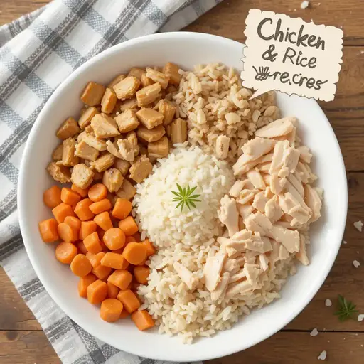 Low-fat chicken and rice dog food recipe for pancreatitis in a white ceramic bowl.
