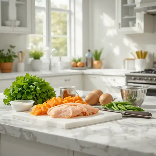 Ingredients for low-fat dog food recipe for pancreatitis, including chicken and sweet potatoes, on a kitchen counter.