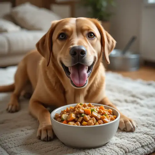 Dog eating low-fat homemade dog food for pancreatitis management in a cozy home setting.