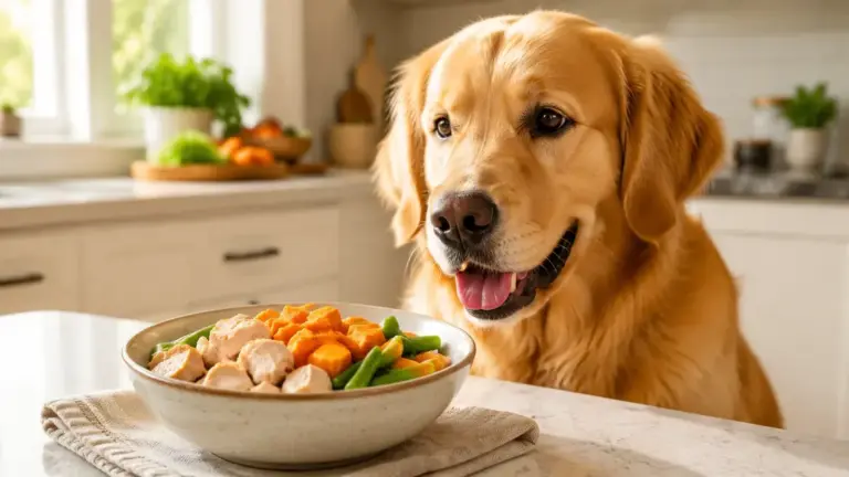 Best low-fat dog food recipes for pancreatitis Management Healthy dog with a bowl of Low-Fat Dog Food Recipes for Pancreatitis management in a cozy kitchen.