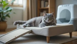 Senior cat resting on orthopedic bed with mobility aids nearby, illustrating compassionate arthritis care at home.