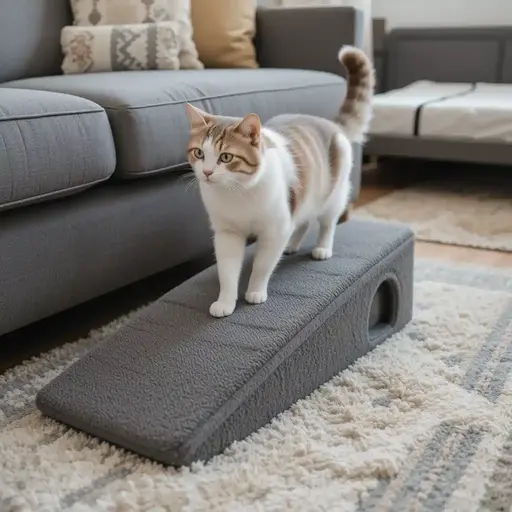 A playful cat stands on a gray ramp leading to a cozy hideaway, beside a stylish sofa on a soft rug in a modern living room.