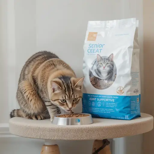A striped cat eats from a small bowl on a scratching post next to a bag of senior cat food.