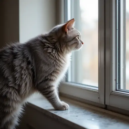 A fluffy gray cat gazes out a window, its profile illuminated by soft light, pondering the world beyond.