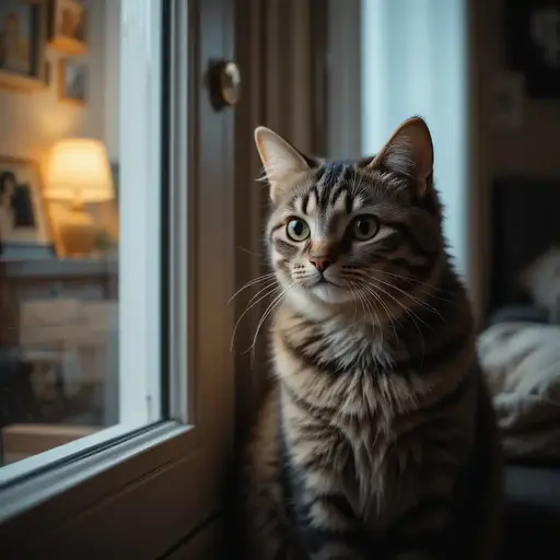 A striped tabby cat gazes pensively out a window, with warm indoor lighting creating a cozy atmosphere.